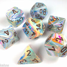 7 piece vibrant, multicolored dice with brown numbers