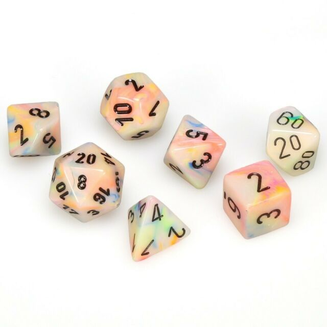 7 piece pastel colored dice set with black numbers