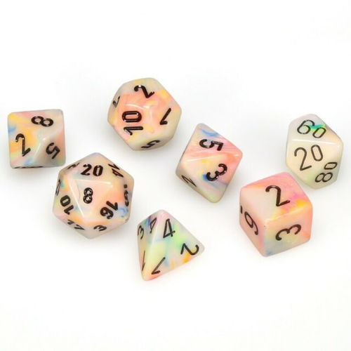 7 piece pastel colored dice set with black numbers