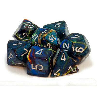 Multicolored blue, green, yellow swirls dice set with 7 dice.