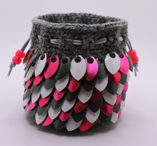 Load image into Gallery viewer, Pink, White, Gray metallic scales on gray yarn dice bag

