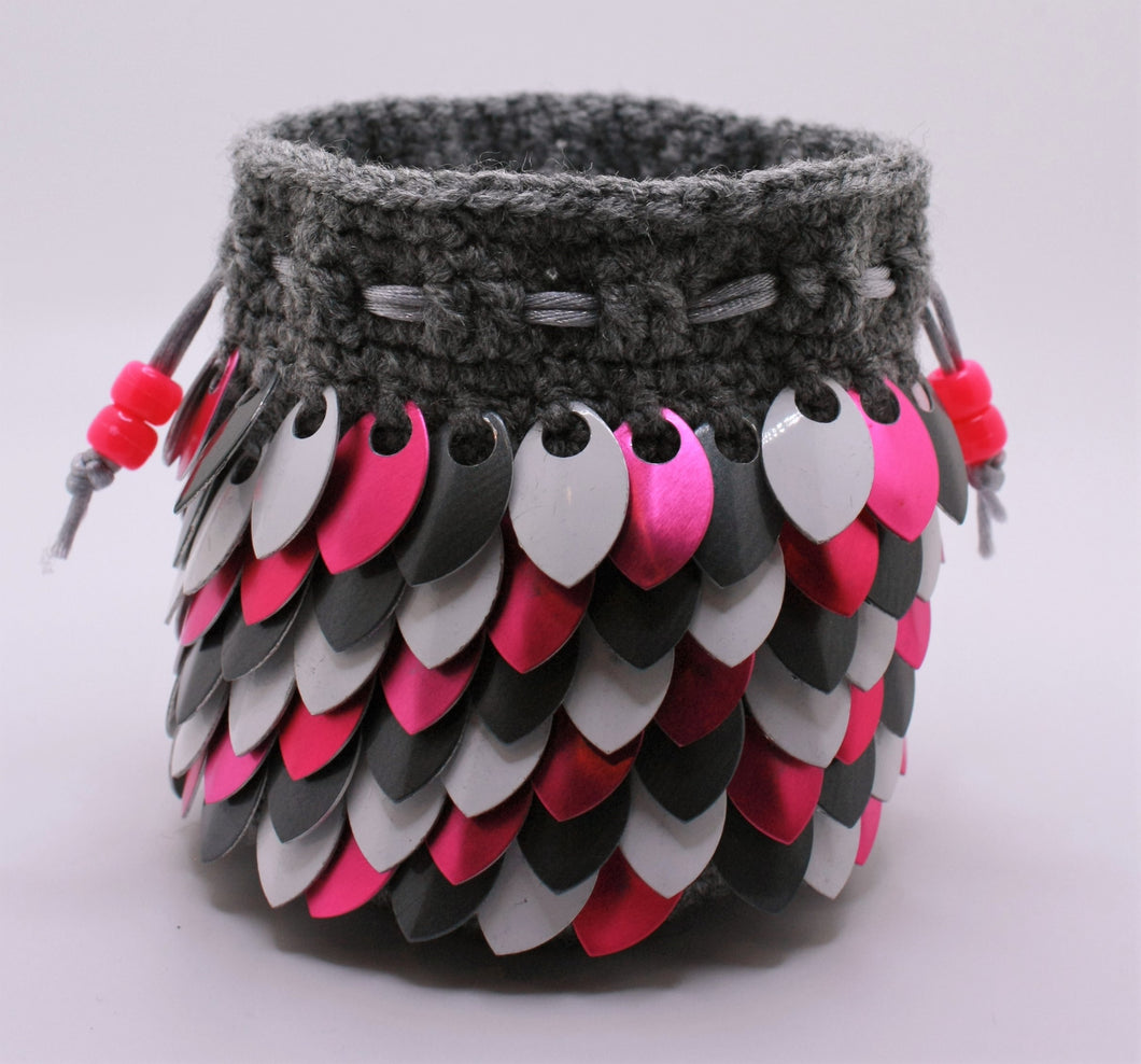 Pink, White, Gray metallic scales on gray yarn dice bag