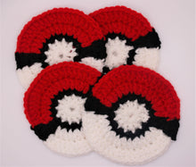 Load image into Gallery viewer, 4 crocheted Pokeball coasters from Pokemon.
