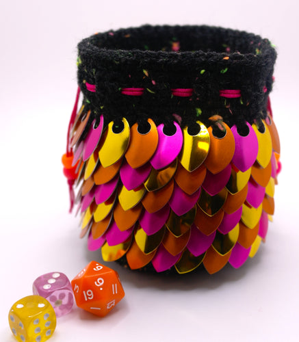 Dragon Scale Dice Bag - Pink, Orange, and Yellow Metallic Scales and Black yarn with color splatters