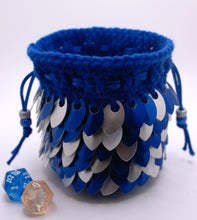 Load image into Gallery viewer, Blue Dragon Dice Bag - Blue, Silver, &amp; White Metallic Scales with blue yarn
