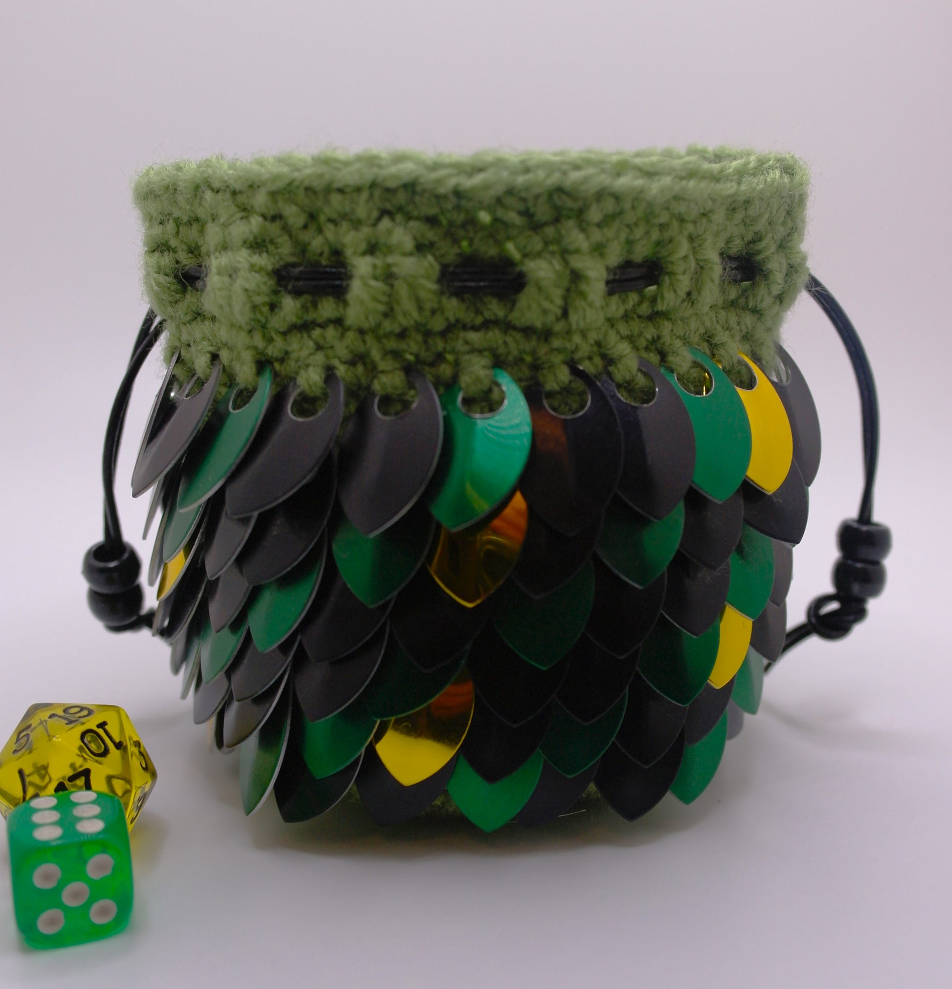 Green Dragon Dice Bag - Black, Green, & Yellow Metallic Scales with green yarn