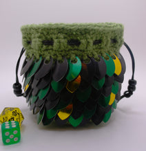 Load image into Gallery viewer, Green Dragon Dice Bag - Black, Green, &amp; Yellow Metallic Scales with green yarn
