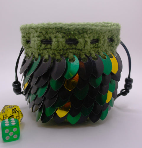Green Dragon Dice Bag - Black, Green, & Yellow Metallic Scales with green yarn