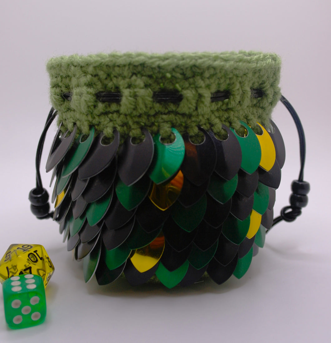 Green Dragon Dice Bag - Black, Green, & Yellow Metallic Scales with green yarn