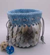 Load image into Gallery viewer, Platinum Dragon Dice Bag - Silver &amp; Champagne Metallic Scales with light blue and silver-flecked yarn
