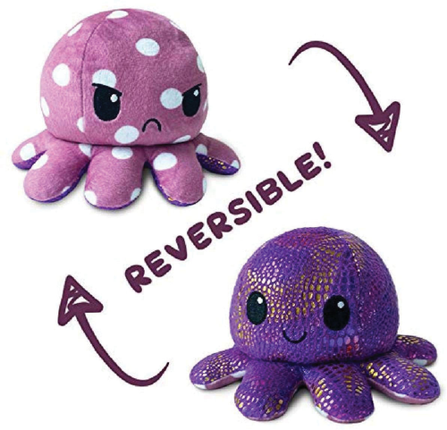 reversible octopus plushie: angry face and polka dot on one side, happy face and shimmery on the other side