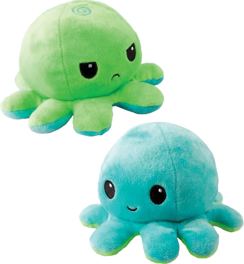 Reversible octopus plushie, one side green with angry face other side aqua and happy face