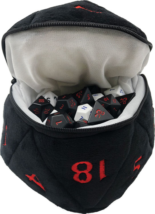D20 zippered dice bag black and red
