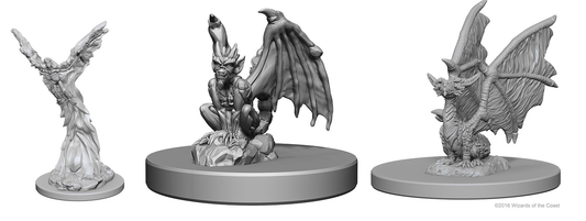3 familiar unpainted miniatures including imp and dragon