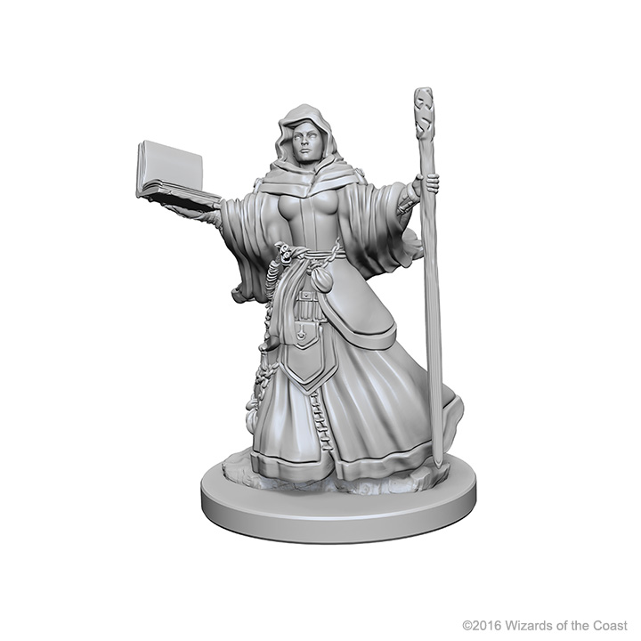 D&D unpainted miniature, human female wizard