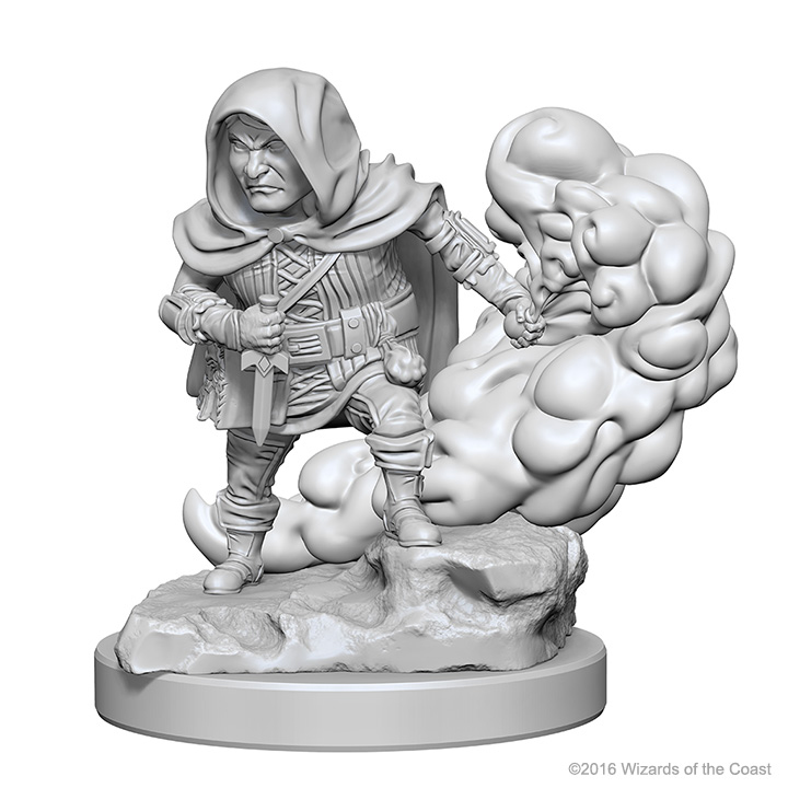 D&D unpainted miniature, male halfling rogue