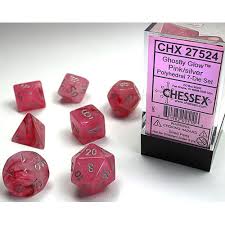 Ghostly Glow Polyhedral Pink/Silver Dice Set (7)