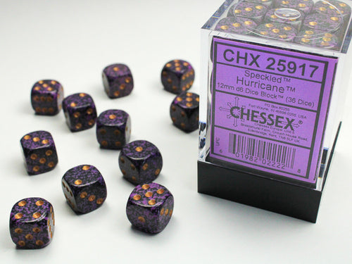 Purple and black d6 dice set with orange numbers