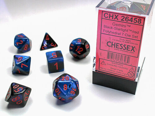 Black and shiny blue 7 piece dice set with red numbers