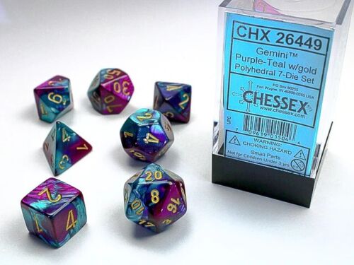 Purple and teal 7 piece dice set with gold numbers