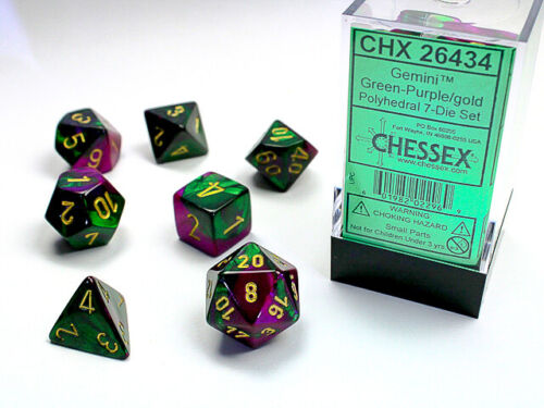 Green and purple 7 piece dice set with gold letttering