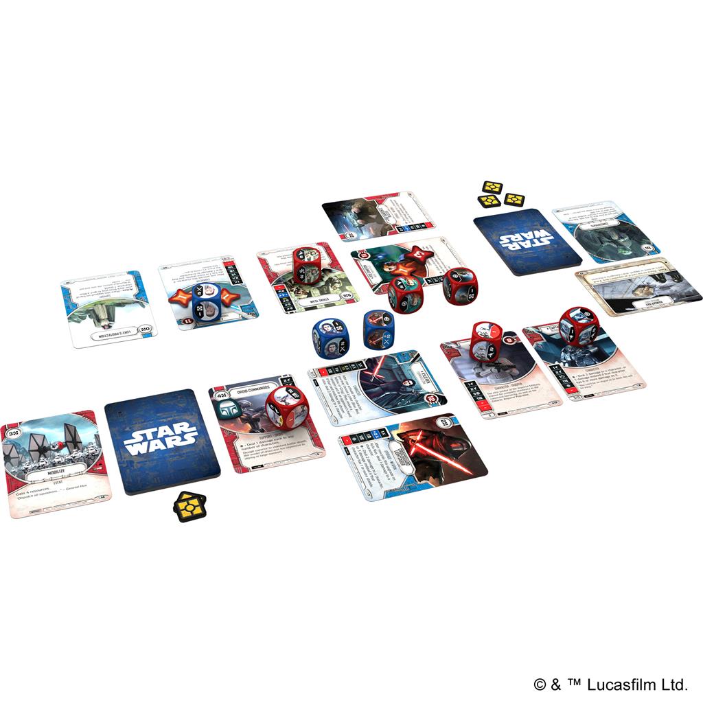 dice, cards, and tokens from the game